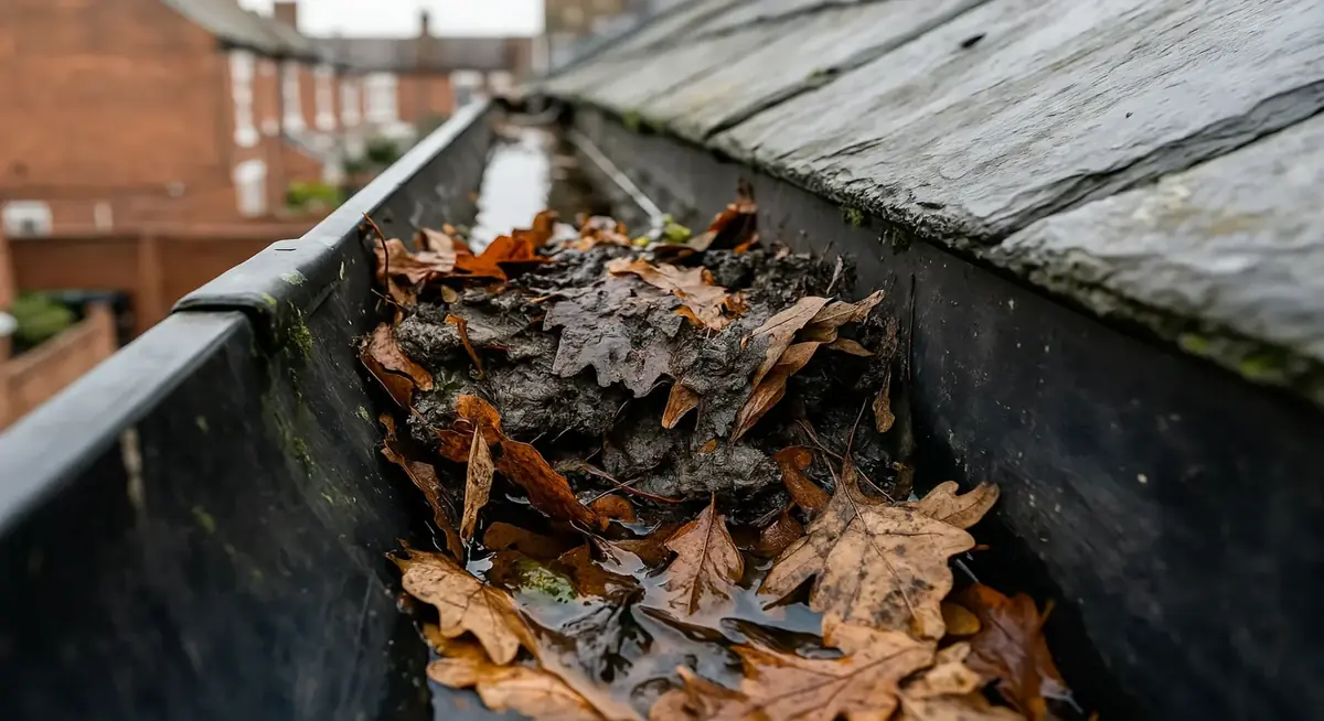 Blocked gutter with leaves on London terraced house roof